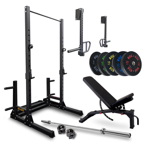 Q235 Rack Pack: 170kg Black Bumper Set with Jammer Arms, Bench and Bar
