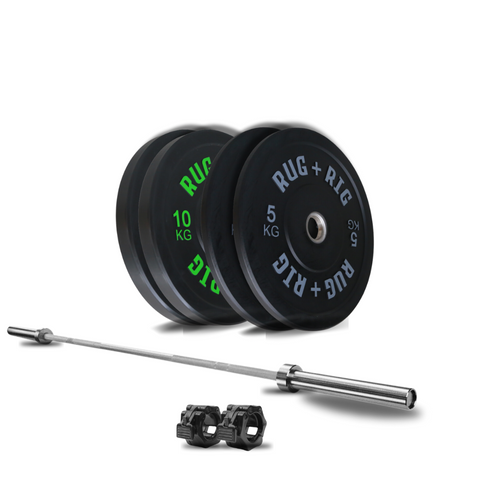 Barbell & Weight Set: 20kg Barbell with 50kg Black Bumper Plate Set