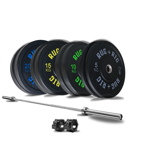 Barbell & Weight Set: 20kg Barbell with 120kg Black Bumper Plate Set