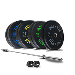 Barbell & Weight Set: 20kg Barbell with 120kg Black Bumper Plate Set