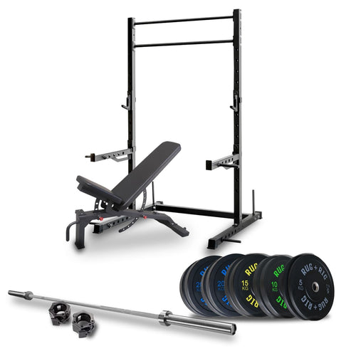 60x60 Power Rack Package: 160kg Black Bumper Set with Bench and Bar