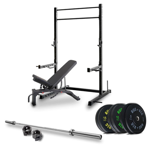 60x60 Power Rack Package: 80kg Black Bumper Set with Bench and Bar