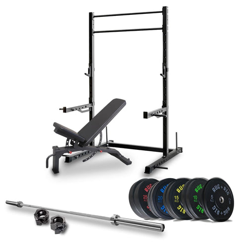 A set of black bumper plates, a power squat rack, an adjustable bench, and a competition barbell with Olympic weight plates.