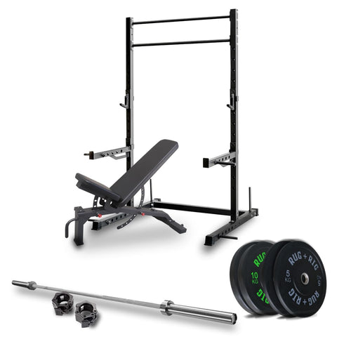 60x60 Power Rack Package: 50kg Black Bumper Set with Bench and Bar
