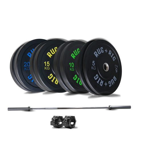 Barbell & Weight Set: 15kg Barbell with 115kg Black Bumper Plate Set
