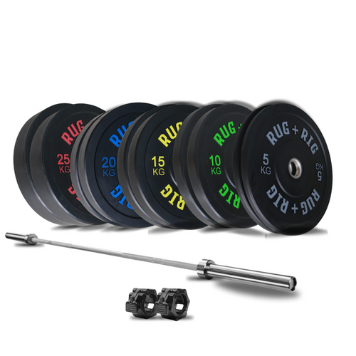 Barbell & Weight Set: 20kg Barbell with 170kg Black Bumper Plate Set