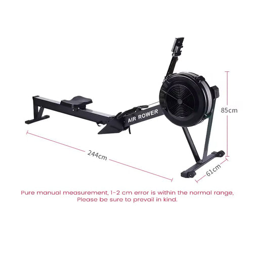 A black and silver rowing machine with a pull handle, foot rest, and contoured seat, on a white background with dimensions labeled on the image.