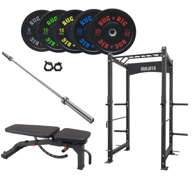 Power Rack Package, Commercial - 170KG Black Bumper Set with Bench and Bar - Pre Order July