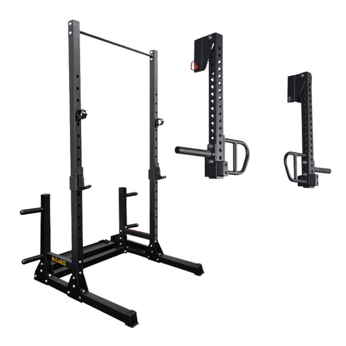 A black power rack with jammer arms, designed for weight training. The power rack features a straight pull-up bar, plate horns, free weight storage, and J-hooks for barbell exercises.