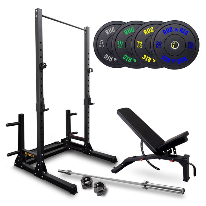 Q235 Squat Rack Package: With Barbell, Bumper Plates and Adjustable Bench