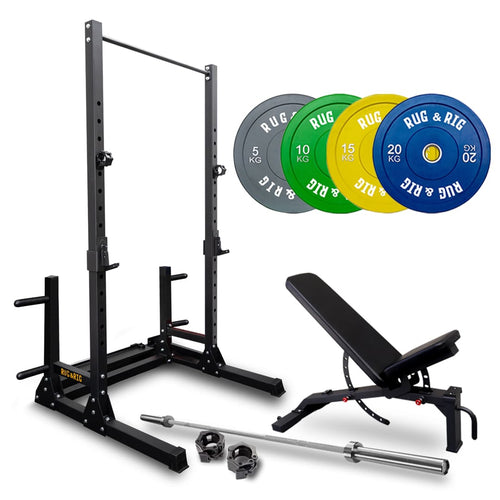 Q235 Rack Pack: 120kg Colour Bumper Set with Bench and Bar