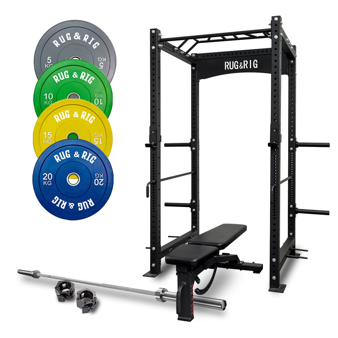 Commercial Rack Packages: 120kg Colour Olympic Plates with 20kg Barbell and Adjustable Bench