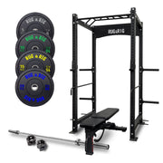 Commercial Rack Packages: 120kg Black Olympic Plates with 20kg Barbell and Adjustable Bench