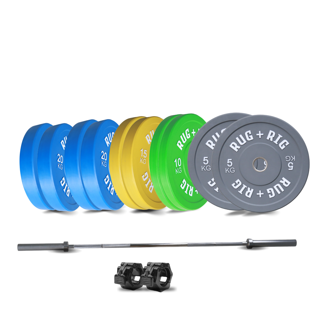 Olympic Bumper Plates and Barbell (20KG) Set, 155KG, Colour Rug and