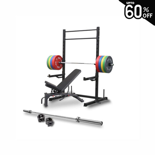 60x60 Power Rack Package: 170kg Colour Bumper Set with Bench and Bar
