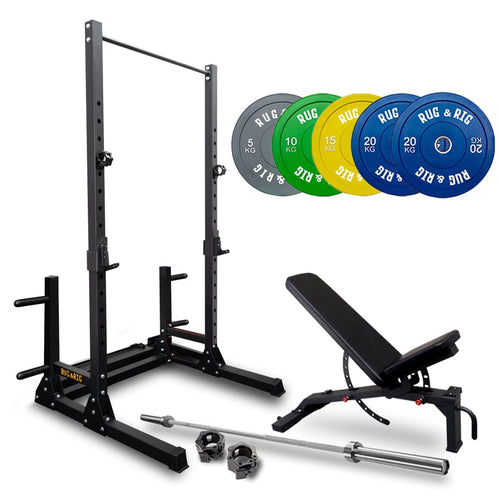Q235 Rack Pack: 160kg Colour Bumper Set with Bench and Bar