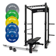 Commercial Rack Packages: 160kg Colour Olympic Plates with 20kg Barbell and Adjustable Bench