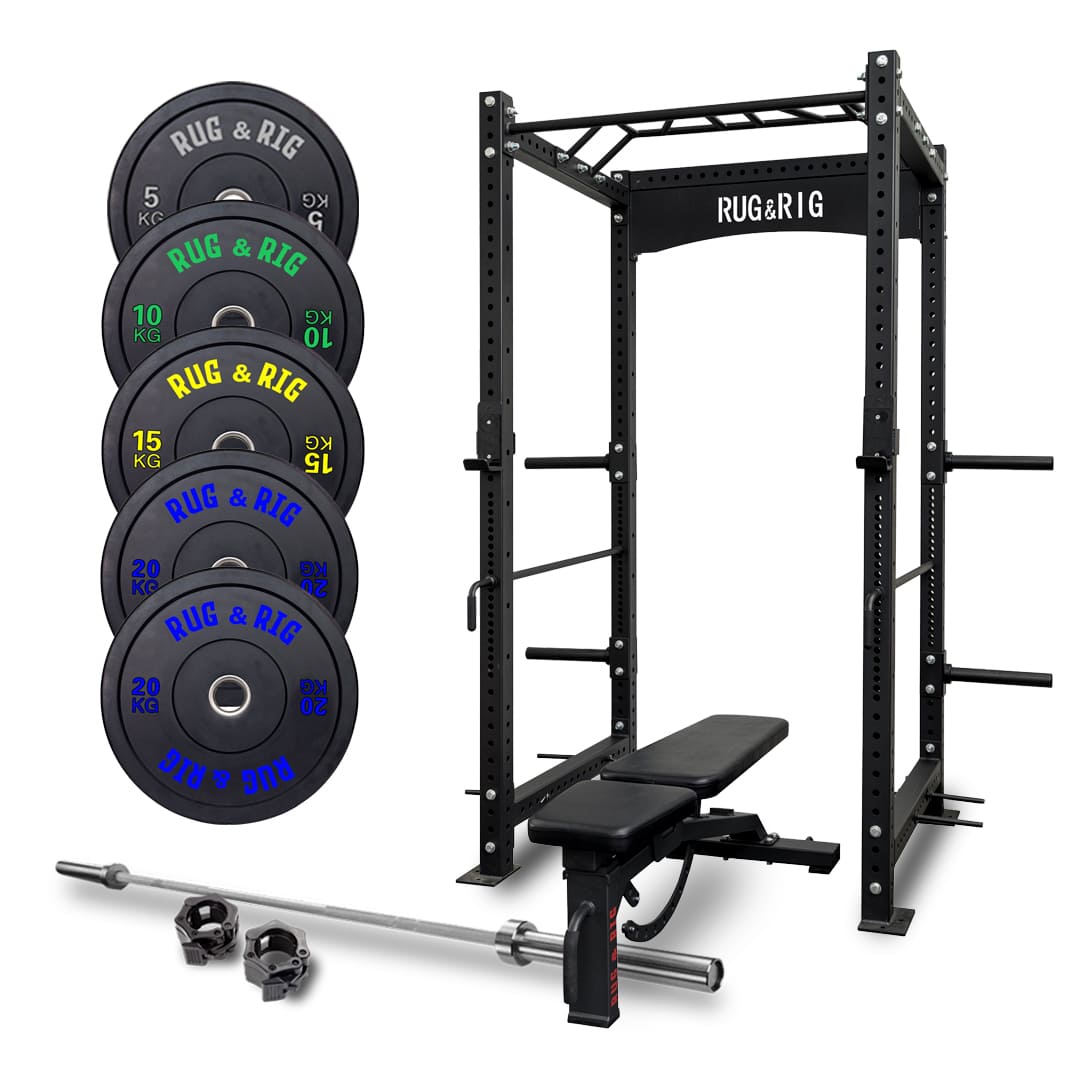 Commercial Rack Packages: 160kg Black Olympic Plates with 20kg Barbell and Adjustable Bench