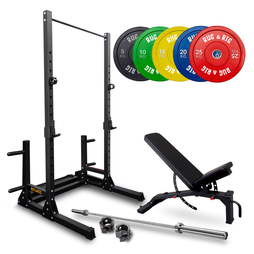 Q235 Rack Pack: 170kg Colour Bumper Set with Bench and Bar