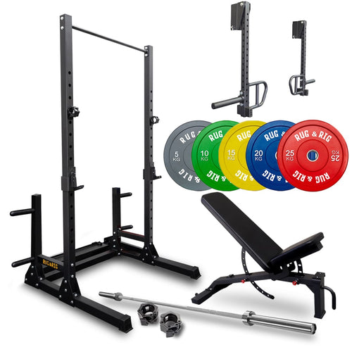Q235 Rack Pack: 170kg Colour Bumper Set with Jammer Arms, Bench and Bar