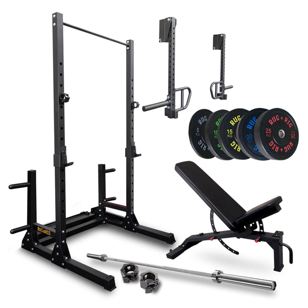 Power Rack Package with Jammer Arms, Q235 -170KG Black Bumper Set with Bench and Bar