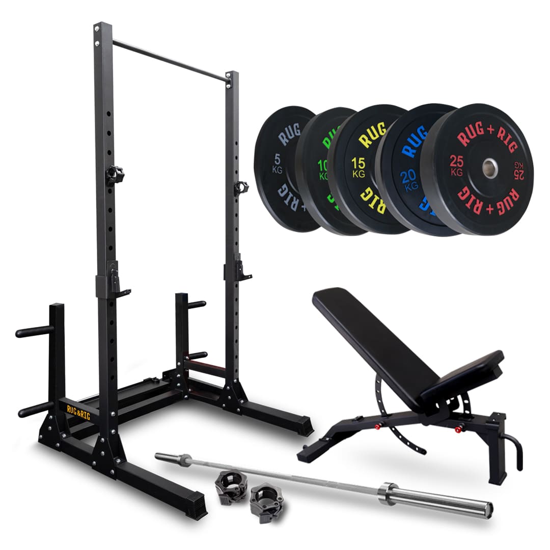 POWER RACK PACKAGE, Q235 - 170KG BLACK BUMPER SET WITH BENCH AND BAR