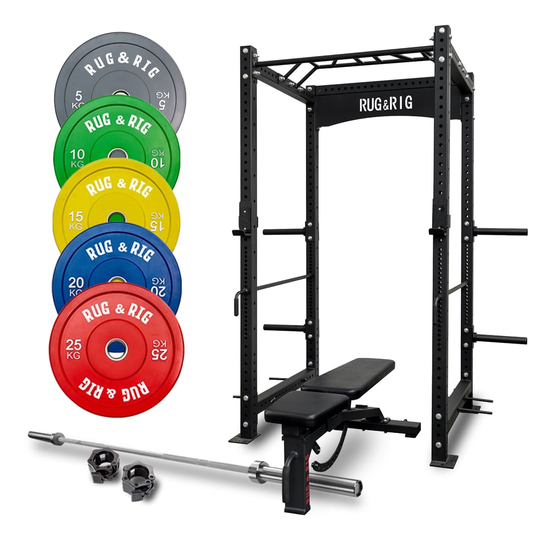 Power Rack Package, Commercial - 170KG Colour Bumper Set with Bench and Bar