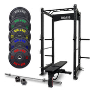 Power Rack Package, Commercial - 170KG Black Bumper Set with Bench and Bar