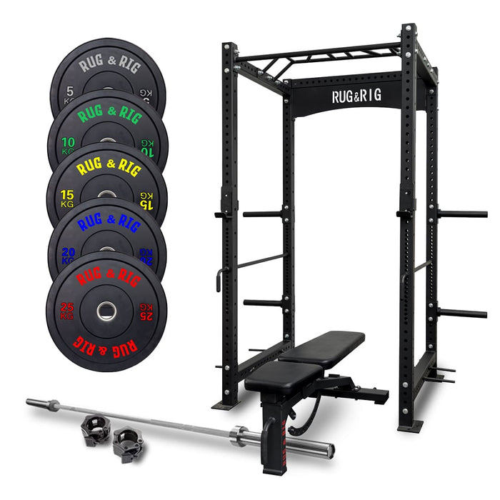 Commercial Rack Package: Comes With Black Bumper Plates, Barbell and Adjustable Bench