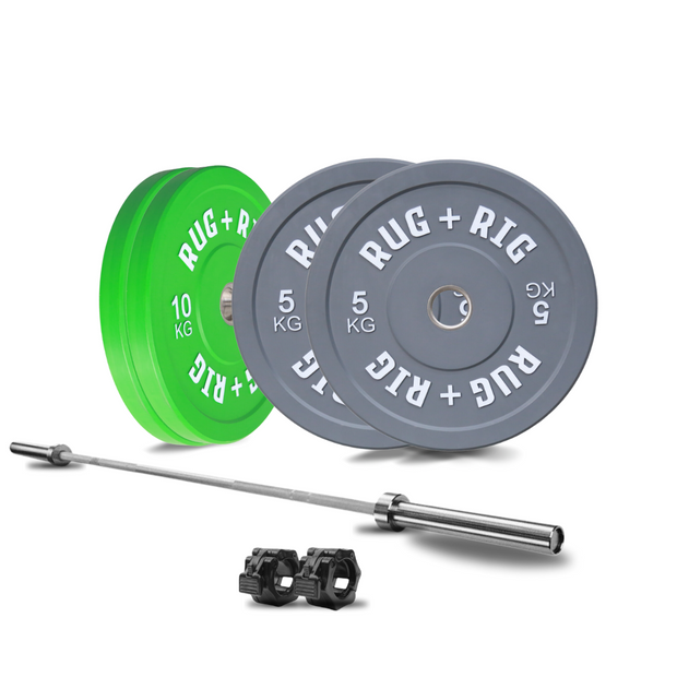 Olympic Bumper Plates and Barbell (20KG) Set, 50KG, Colour