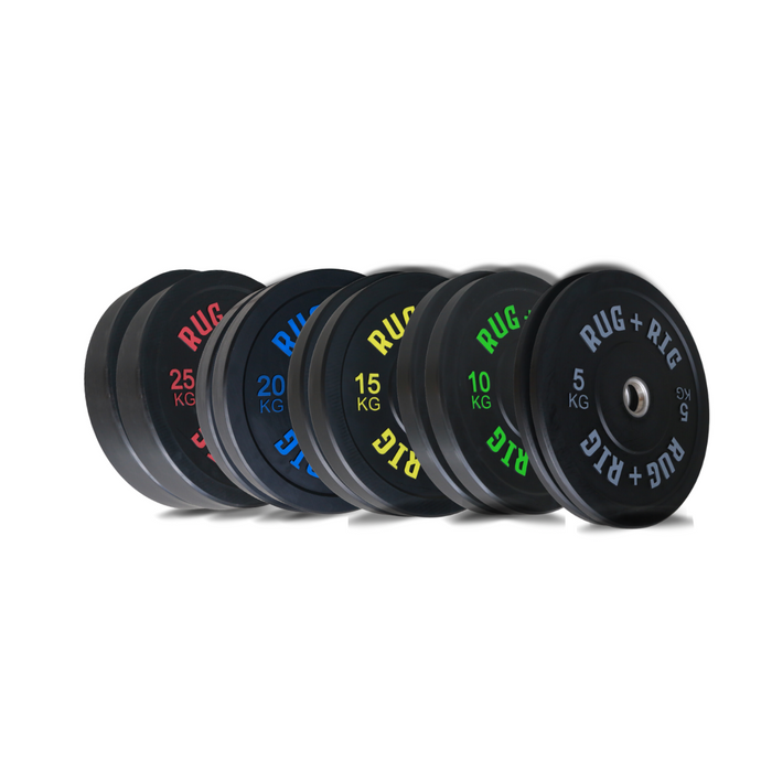 A set of black Olympic bumper plates with colorful angular designs and text indicating weight on each plate.