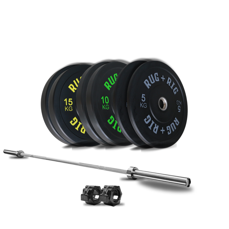 Olympic Bumper Plates and Barbell 20KG Set 80KG Rug and Rig