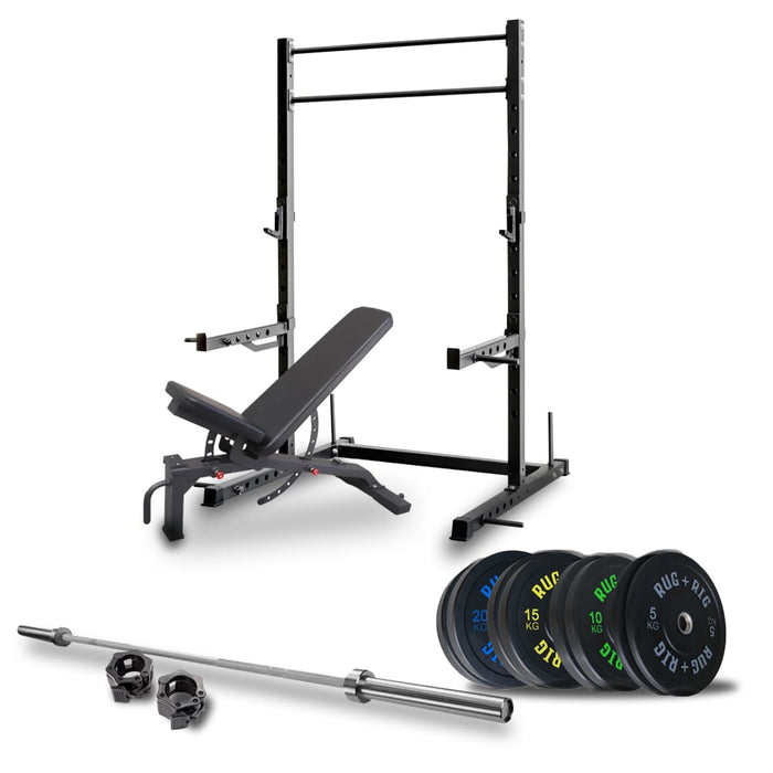 Home Gym Power Rack Package: With Black Bumper Set, Adjustable Bench and Bar