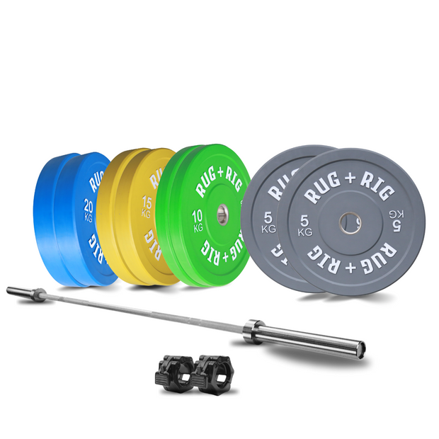 120KG Color Olympic Bumper Plates and Barbell 20KG Set Rug Rig Fitness Rug and Rig Fitness