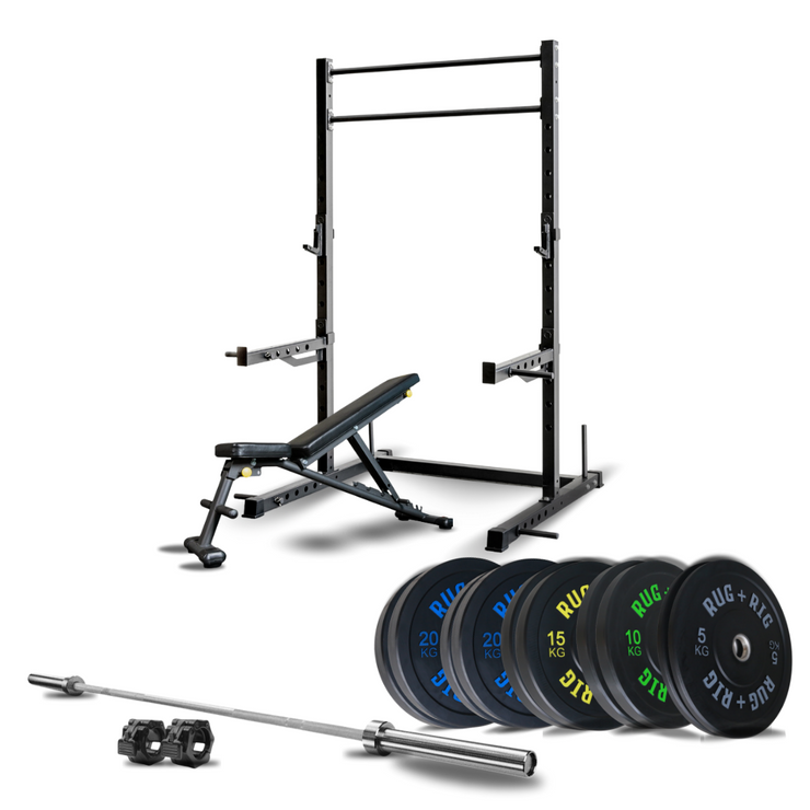 Power Rack Package, 60 X 60 - 160KG Black Bumper Set with Bench and Bar