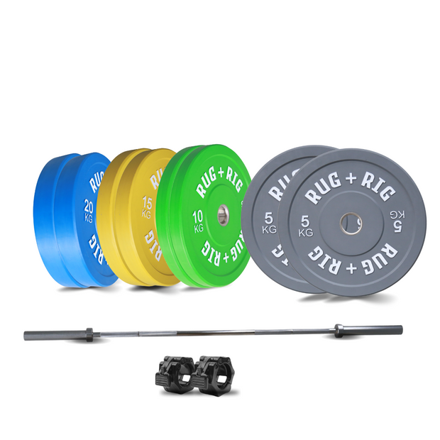OLYMPIC BUMPER PLATES AND BARBELL (15KG) SET, 155KG, COLOUR