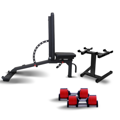 Adjustable dumbbells set with a black adjustable bench, both placed on a white background.