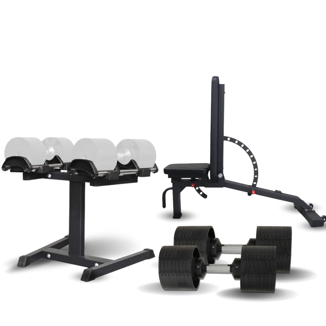2 X 32KG Adjustable Dumbbell Set 10 Angle Adjustable Bench Rug and Rig Fitness