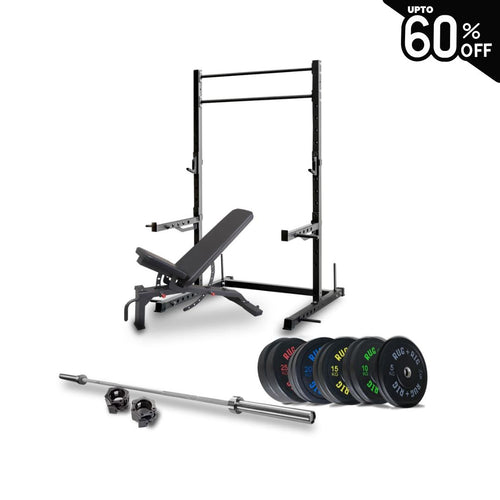 60x60 Power Rack Package: 170kg Black Bumper Set with Bench and Bar