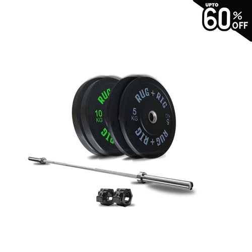Barbell & Weight Set: 20kg Barbell with 50kg Black Bumper Plate Set
