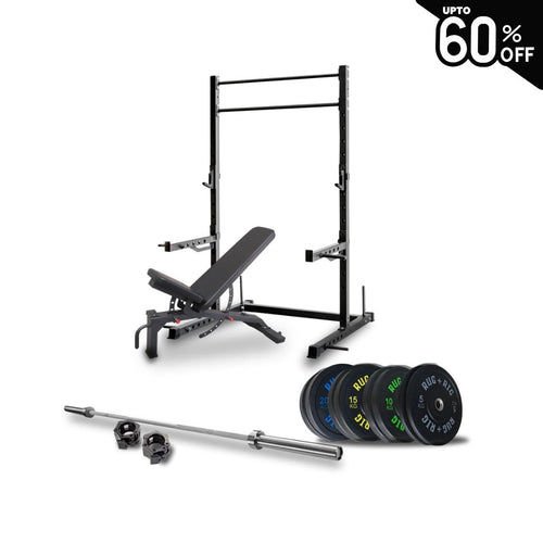 60x60 Power Rack Package: 120kg Black Bumper Set with Bench and Bar