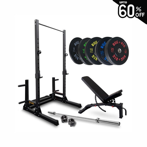 Q235 Rack Pack: 170kg Black Bumper Set with Bench and Bar