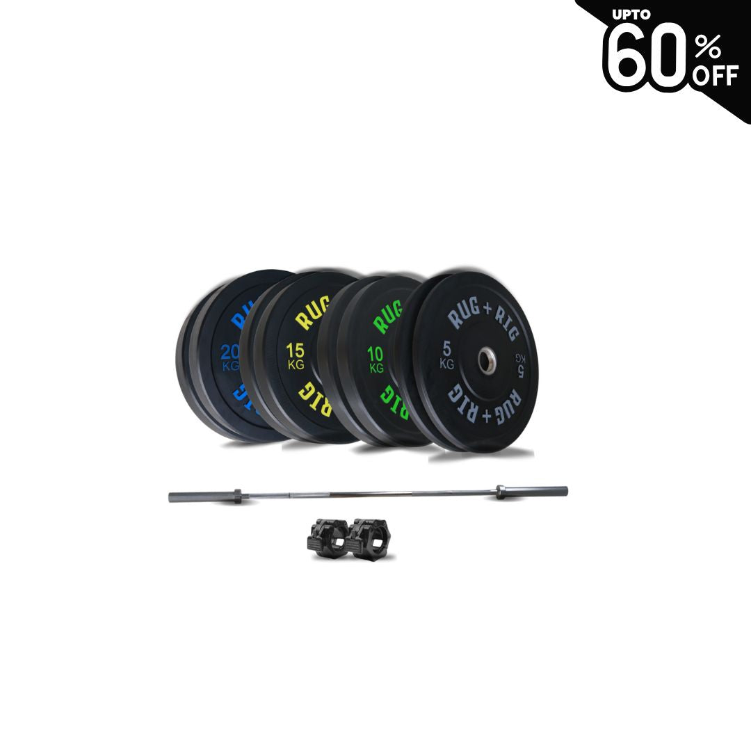 Barbell & Weight Set: 15kg Barbell with 115kg Black Bumper Plate Set