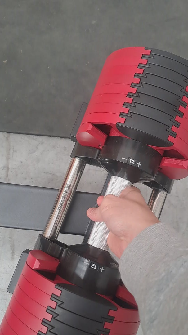 Easily changing weights with Rug and Rig compact adjustable dumbbells