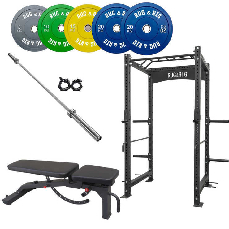 Power Rack Package, Commercial - 160KG Colour Bumper Set with Bench and Bar | (Display Unit)