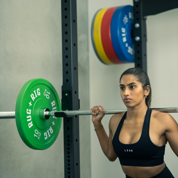 Commercial Rack Packages: 160kg Colour Olympic Plates with 20kg Barbell and Adjustable Bench