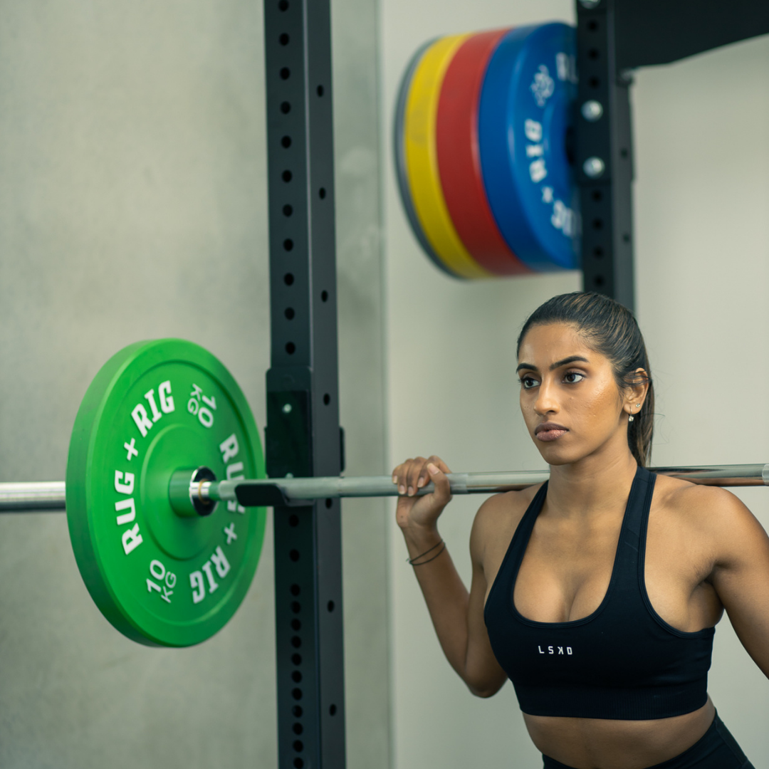 Commercial Rack Packages: 120kg Colour Olympic Plates with 20kg Barbell and Adjustable Bench