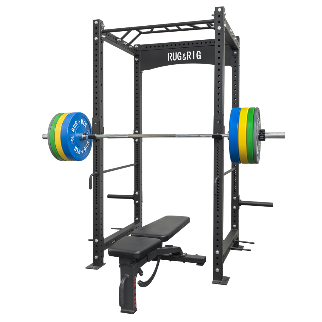 Commercial Rack Packages: 120kg Colour Olympic Plates with 20kg Barbell and Adjustable Bench