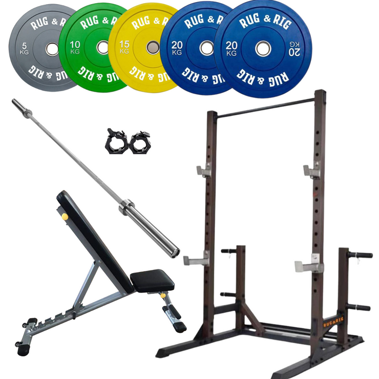 Power Rack Package, Q235 - 160KG Colour Bumper Set with Bench and Bar
