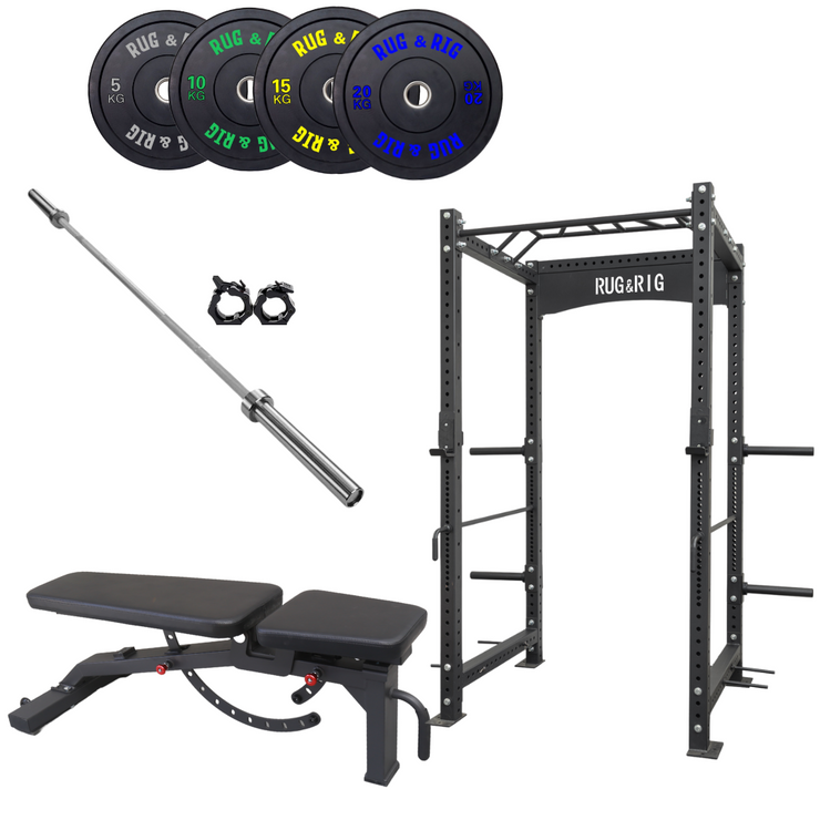 Power Rack Package, Commercial (Display Unit)- 120KG Black Bumper Set with Bench and Bar (Display Unit)